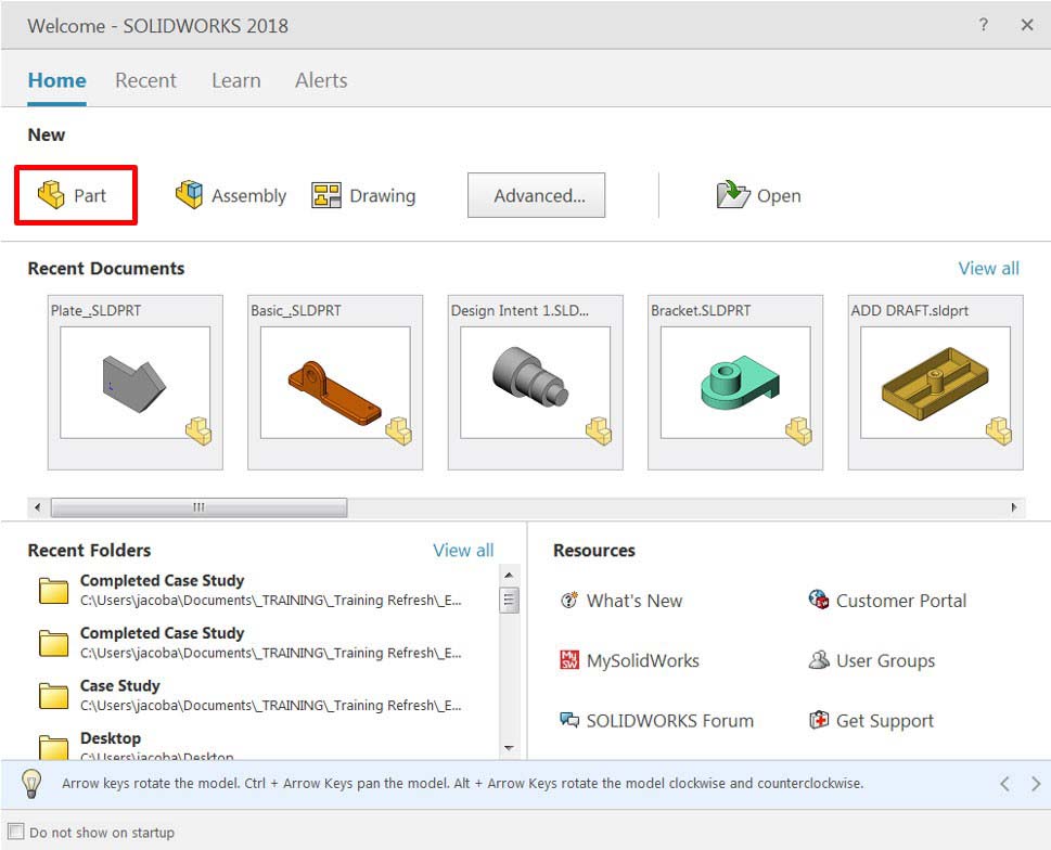 صفحه ی خوشامد نرمافزار SOLIDWORKS 2018